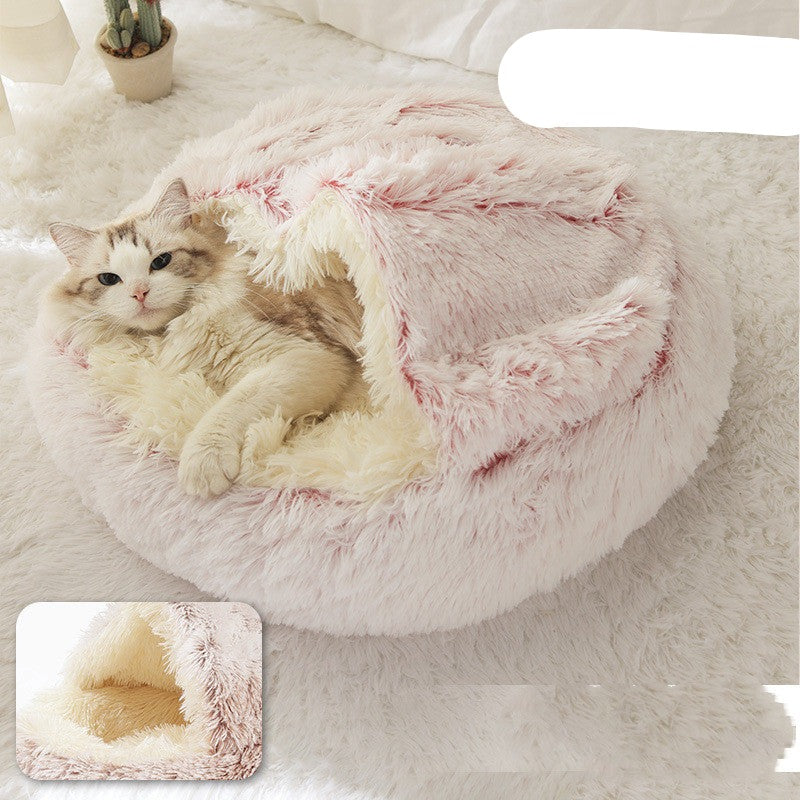 Pet Bed Round Plush Warm Bed House Soft Long Plush Bed  2 In 1 Bed - Minihomy