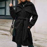 Mid-length Lapel Belted Single-breasted Plush Trench Coat - Minihomy