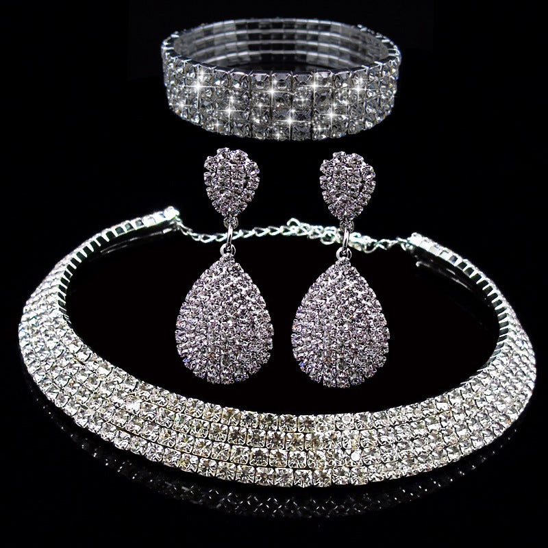 Full Rhinestone Multilayer Necklace Bracelet Drop Earring Set - Minihomy