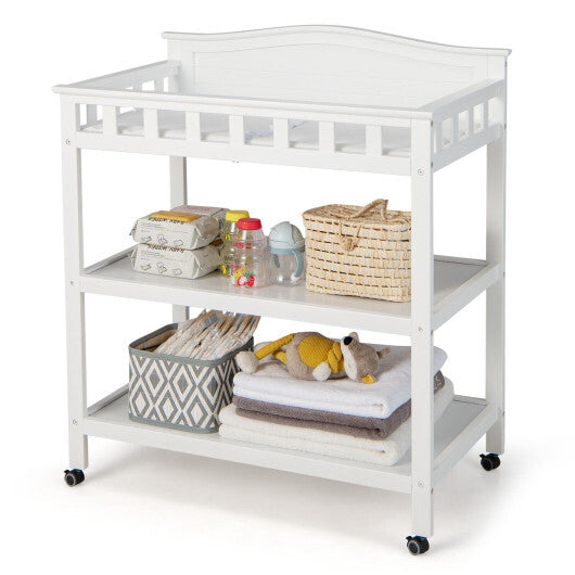 Mobile Changing Table with Waterproof Pad and 2 Open Shelves-White - Color: White - Minihomy