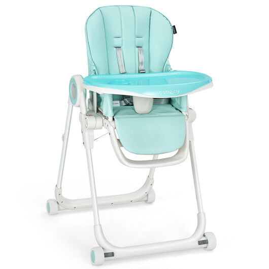 Baby High Chair Foldable Feeding Chair with 4 Lockable Wheels-Green - Color: Green