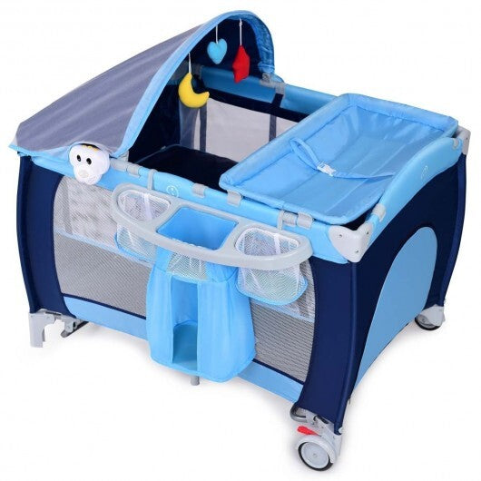 Foldable Baby Crib Playpen with Mosquito Net and Bag-Blue - Color: Blue
