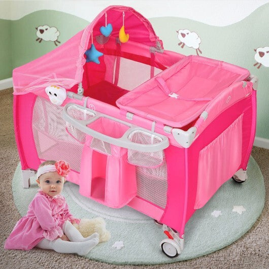 Foldable Baby Crib Playpen with Mosquito Net and Bag-Pink - Color: Pink