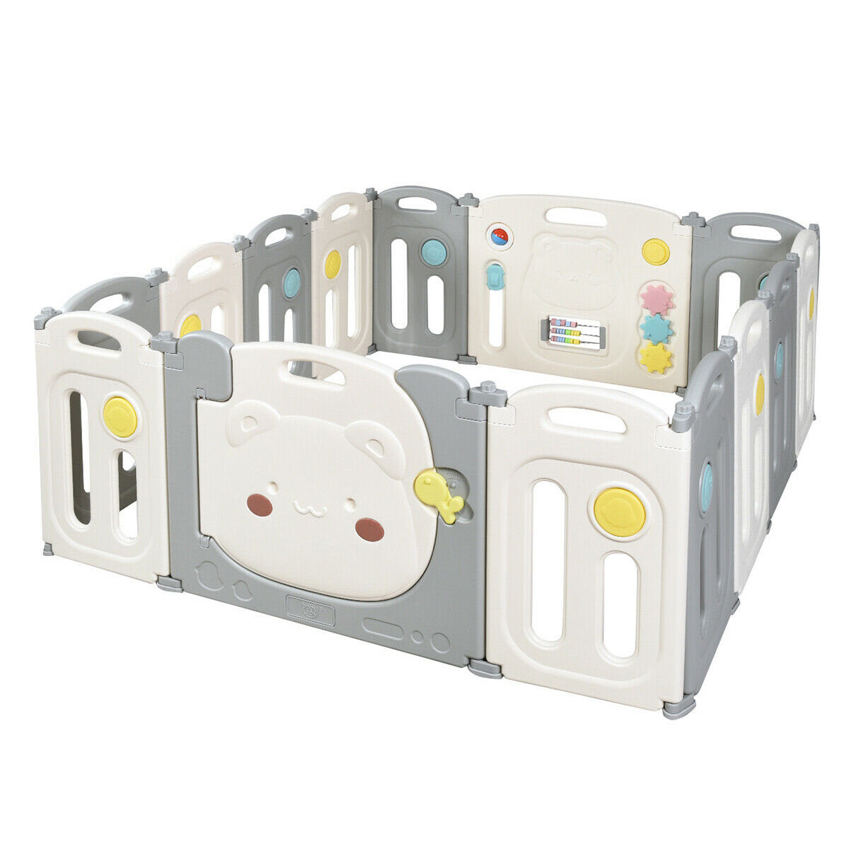 14-Panel Foldable Baby Playpen Safety Yard with Storage Bag - Color: Gray & White