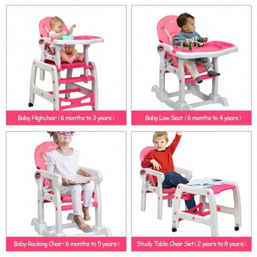 3-in-1 Baby High Chair with Lockable Universal Wheels-Pink - Color: Pink - Minihomy