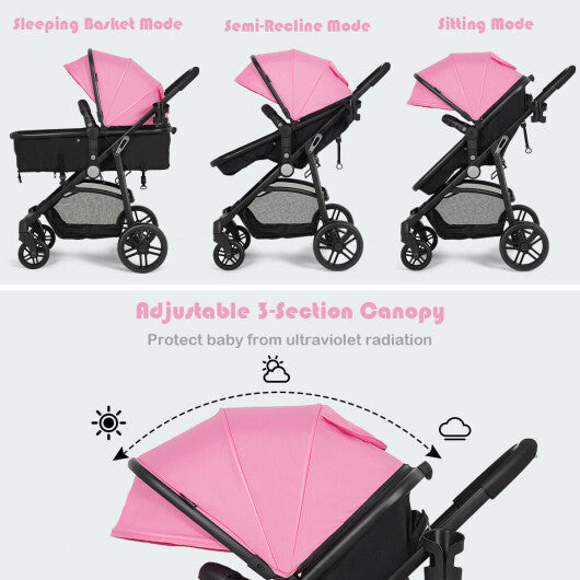 2-in-1 Foldable Pushchair Newborn Infant Baby Stroller-Pink - Color: Pink - Minihomy