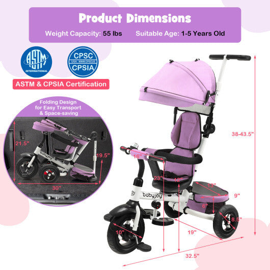 Folding Tricycle Baby Stroller with Reversible Seat and Adjustable Canopy-Pink - Color: Pink - Minihomy