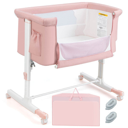 Portable Baby Bedside Bassinet with 5-level Adjustable Heights and Travel Bag-Pink - Color: Pink
