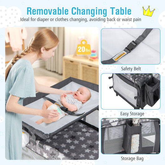 Portable Baby Nursery Center 4-in-1 Portable Travel Crib-Gray - Color: Gray - Minihomy