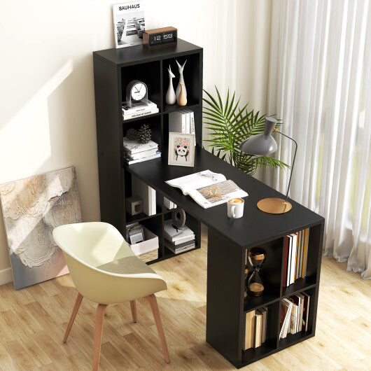 Modern Computer Desk with 12 Cubes Bookshelf-Black - Color: Black - Minihomy