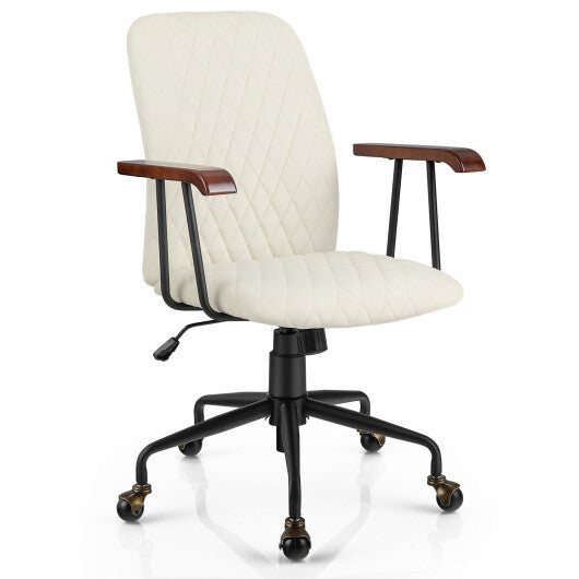 Velvet Home Office Chair with Wooden Armrest-Beige - Color: Beige