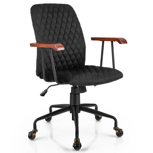 Velvet Home Office Chair with Wooden Armrest-Black - Color: Black