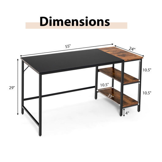 55" Modern Industrial Style Study Writing Desk with 2 Storage Shelves-Black - Color: Black - Minihomy