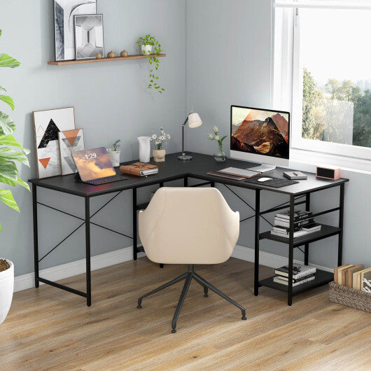 L Shaped Computer Desk with 4 Storage Shelves and Cable Holes-Black - Color: Black - Minihomy