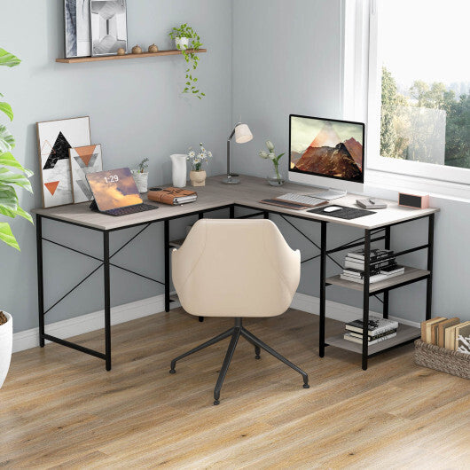 L Shaped Computer Desk with 4 Storage Shelves and Cable Holes-Gray - Color: Gray - Minihomy