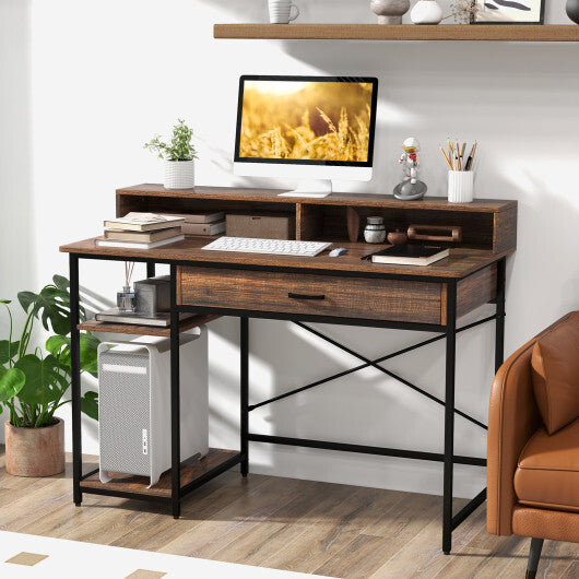 48 Inch Computer Desk with Monitor Stand Drawer and Shelves-Rustic Brown - Color: Rustic Brown - Minihomy