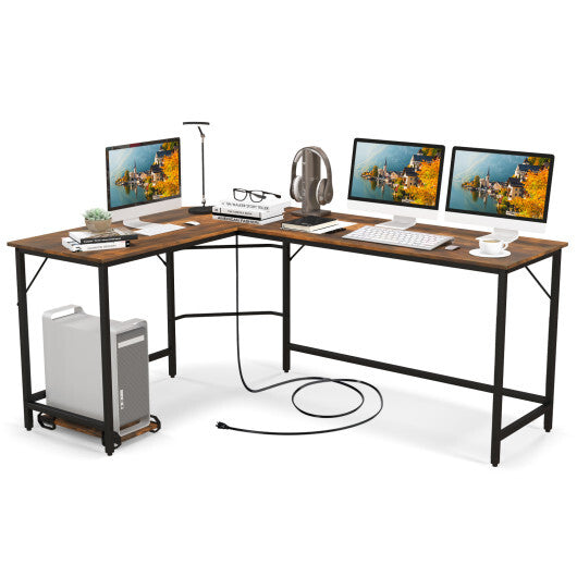 L-Shaped Computer Desk with CPU Stand Power Outlets and USB Ports-Rustic Brown - Color: Rustic Brown - Minihomy