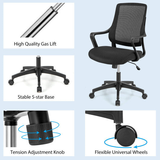 Modern Breathable Mesh Chair with Curved Backrest and Armrest-Black - Color: Black - Minihomy