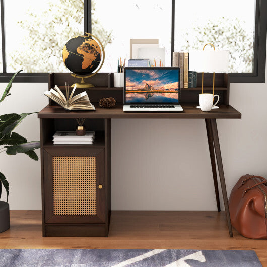 48 Inch Computer Desk with Hutch and PE Rattan Cabinet Shelves-Walnut - Color: Walnut - Minihomy