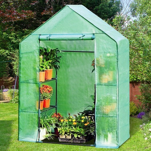 Portable 4 Tier Walk-in Plant Greenhouse with 8 Shelves - Color: Green