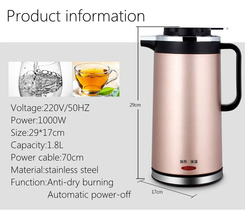 Electric kettle double insulated stainless steel mini kettle 1.8L - Minihomy