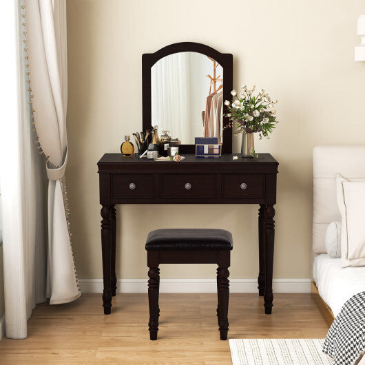 Makeup Vanity Table and Stool Set with Detachable Mirror and 3 Drawers Storage-Walnut - Color: Walnut