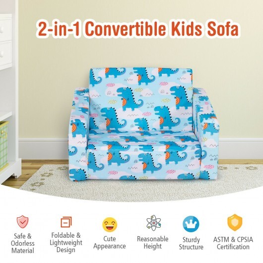 2-in-1 Convertible Kids Sofa with Velvet Fabric-Light Blue - Color: Light Blue - Minihomy