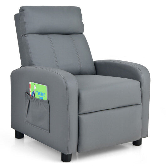 Ergonomic PU Leather Kids Recliner Lounge Sofa for 3-12 Age Group-Gray - Color: Gray