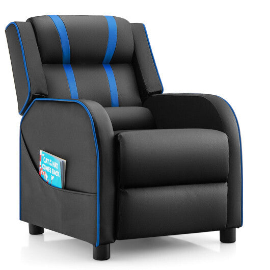 Kids Recliner Chair with Side Pockets and Footrest-Blue - Color: Blue