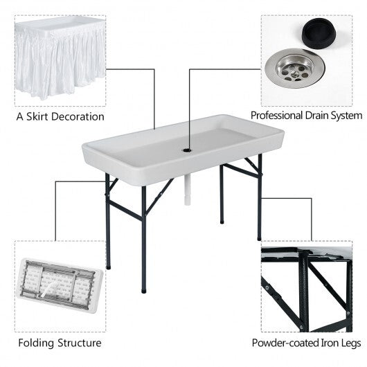 4 Feet Plastic Party Ice Folding Table with Matching Skirt - Color: White - Minihomy