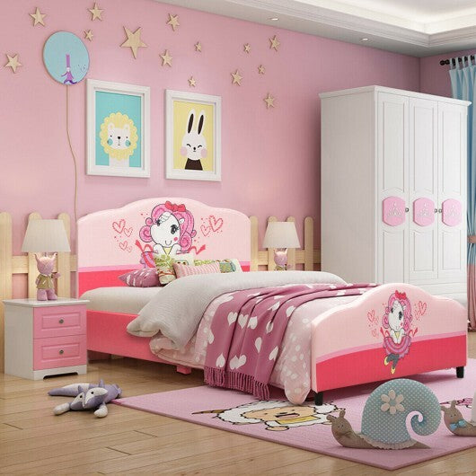 Kids Children Upholstered Platform Toddler Girl Pattern Bed