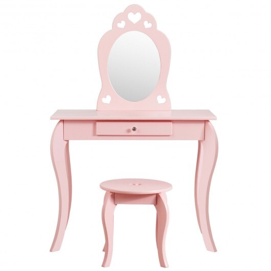 Kids Princess Makeup Dressing Play Table Set with Mirror -Pink