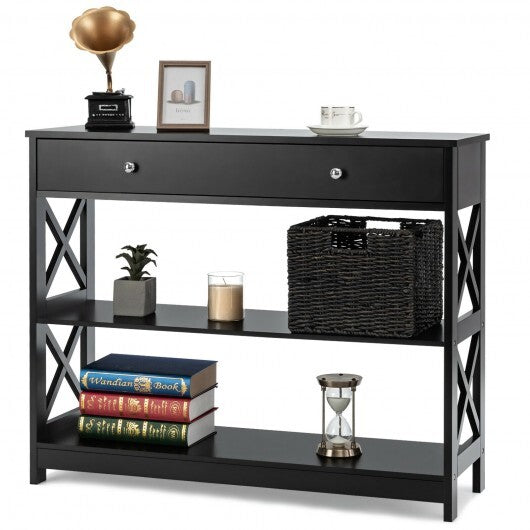 3-Tier Console Table with Drawers for Living Room Entryway-Black - Minihomy