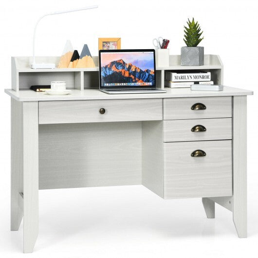 Vintage Computer Desk with Storage Shelves and 4 Drawers-White - Color: White