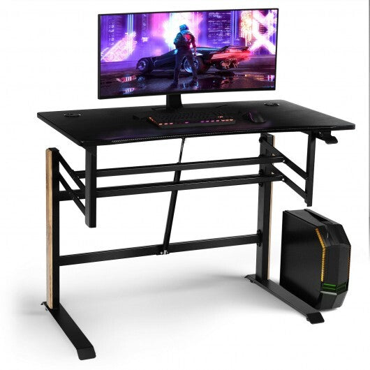 Pneumatic Height Adjustable Gaming Desk T Shaped Game Station with Power Strip Tray-Black - Color: Black - Minihomy