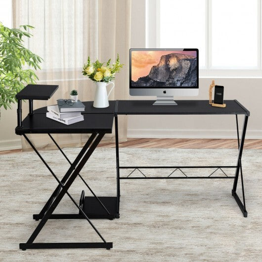 L-Shaped Desk Reversible Corner Computer Desk with Movable Shelf and CPU Stand-Black - Color: Black - Minihomy