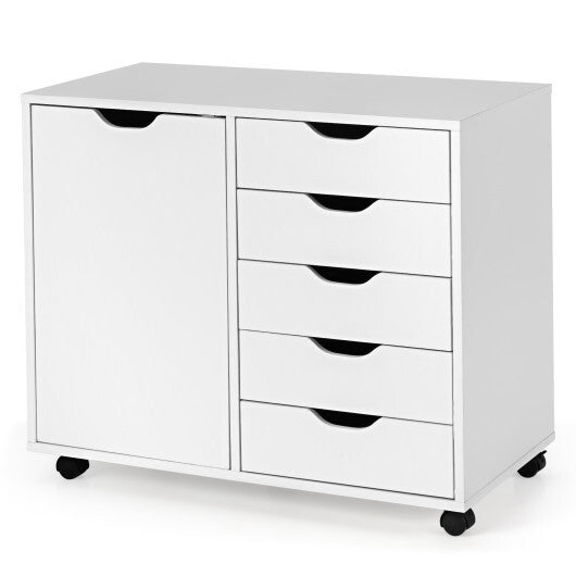 5-Drawer Dresser Chest Mobile Storage Cabinet with Door-White - Minihomy