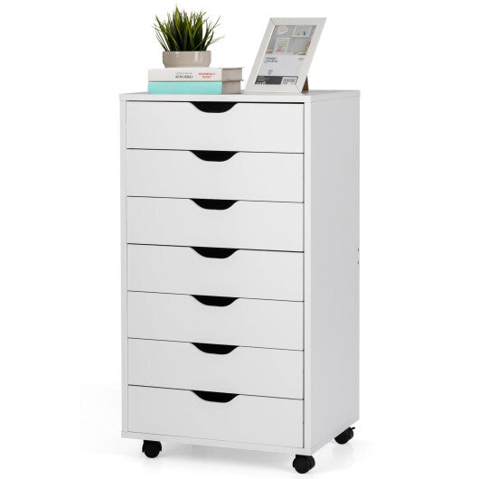 7-Drawer Chest Storage Dresser Floor Cabinet Organizer with Wheels-White - Minihomy