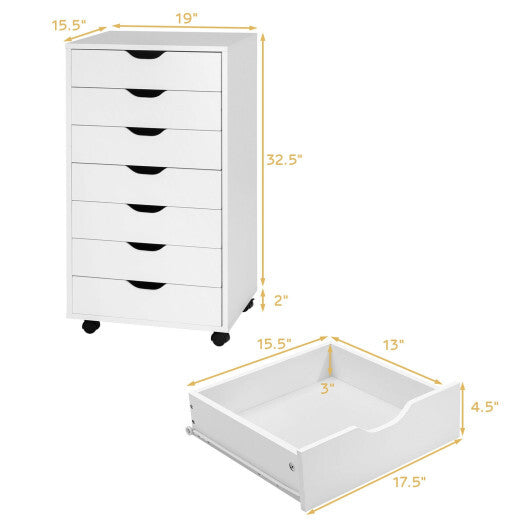 7-Drawer Chest Storage Dresser Floor Cabinet Organizer with Wheels-White - Minihomy