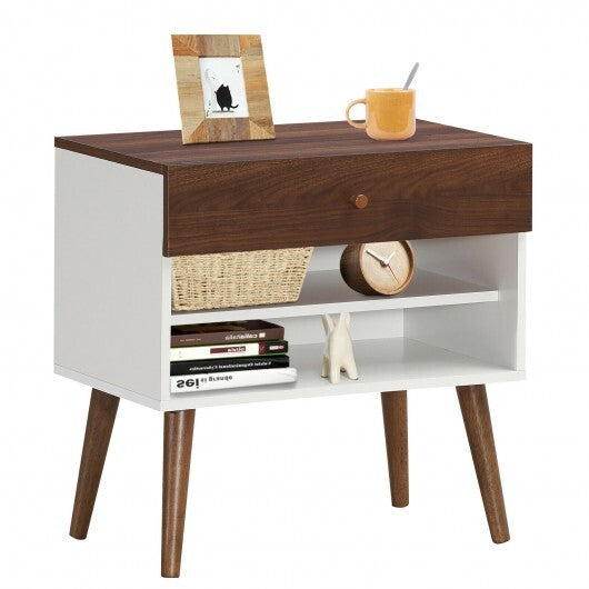 Mid-Century Nightstand with Drawer and Rubber Wood Legs - Minihomy