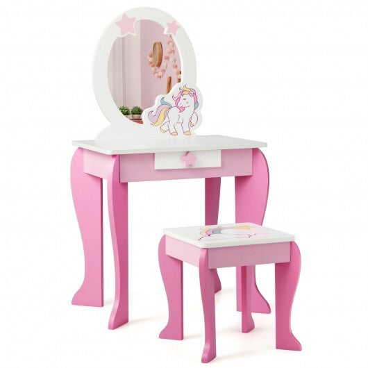 Kids Wooden Makeup Dressing Table and Chair Set with Mirror and Drawer - Color: Pink