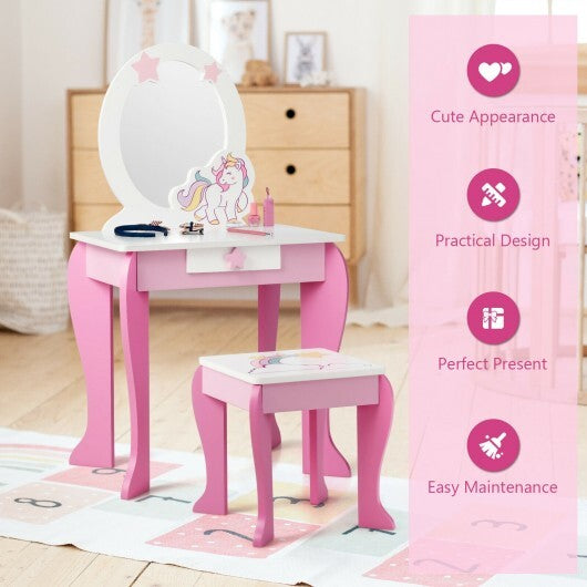 Kids Wooden Makeup Dressing Table and Chair Set with Mirror and Drawer - Color: Pink - Minihomy