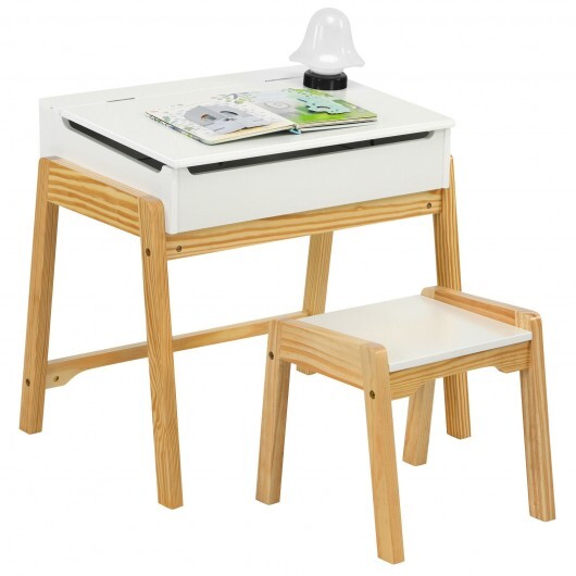 Children Activity Art Study Desk and Chair Set with Large Storage Space for Kids Homeschooling-White - Minihomy