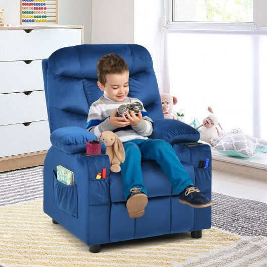 Kids PU Leather/Velvet Fabric Kids Recliner Chair with Cup Holders-Light Blue - Color: Light Blue - Minihomy