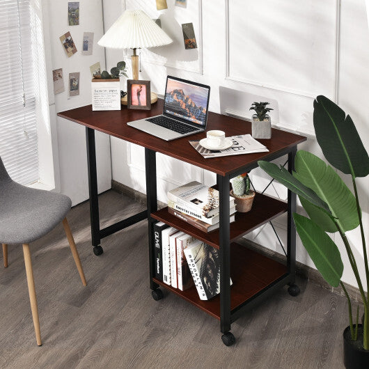 Rolling Folding Computer Desk with Storage Shelves - Color: Brown