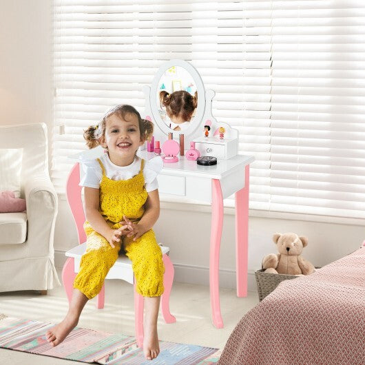 Kids Vanity Princess Makeup Dressing Table Stool Set with Mirror and Drawer-White - Color: White