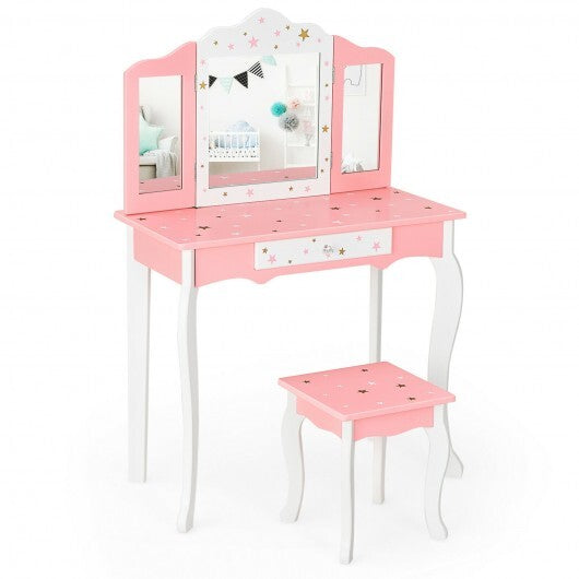 Kids Princess Vanity Table and Stool Set with Tri-folding Mirror and Drawer-Pink