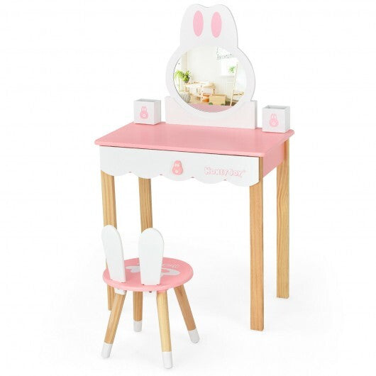 Kids Vanity Set Rabbit Makeup Dressing Table Chair Set with Mirror and Drawer-Pink