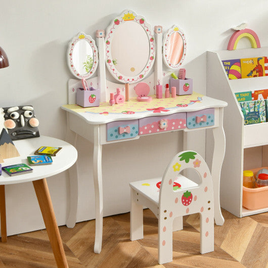 Kids Vanity Princess Makeup Dressing Table Chair Set with Tri-fold Mirror-White - Color: White