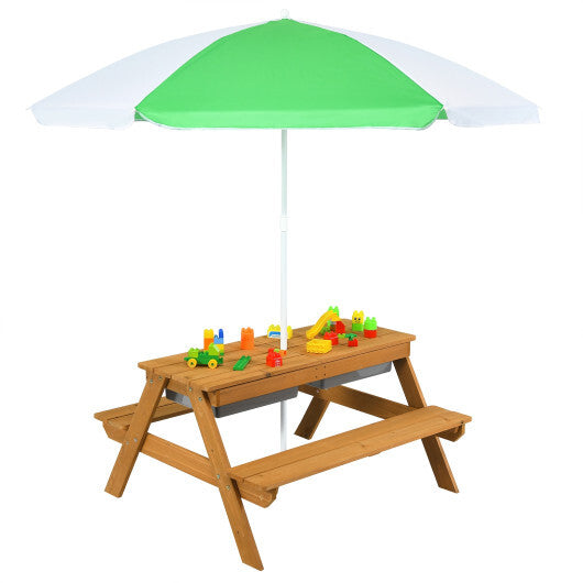 3-in-1 Kids Outdoor Picnic Water Sand Table with Umbrella Play Boxes - Color: Green